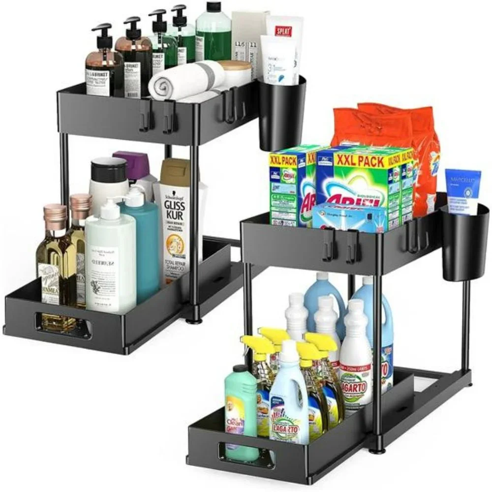 Under Sink Organizers and Storage, 2 Pack  Black, 12 x 8.7 x 15.7 inch